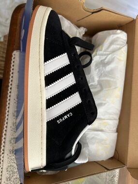 adidas Campus Black Suede Sneaker with White Stripes and Gum Sole